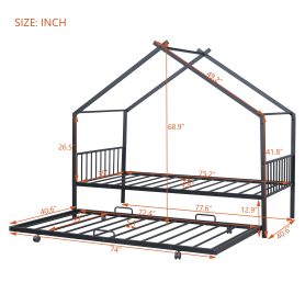 Twin Size Metal House Bed with Twin Size Trundle