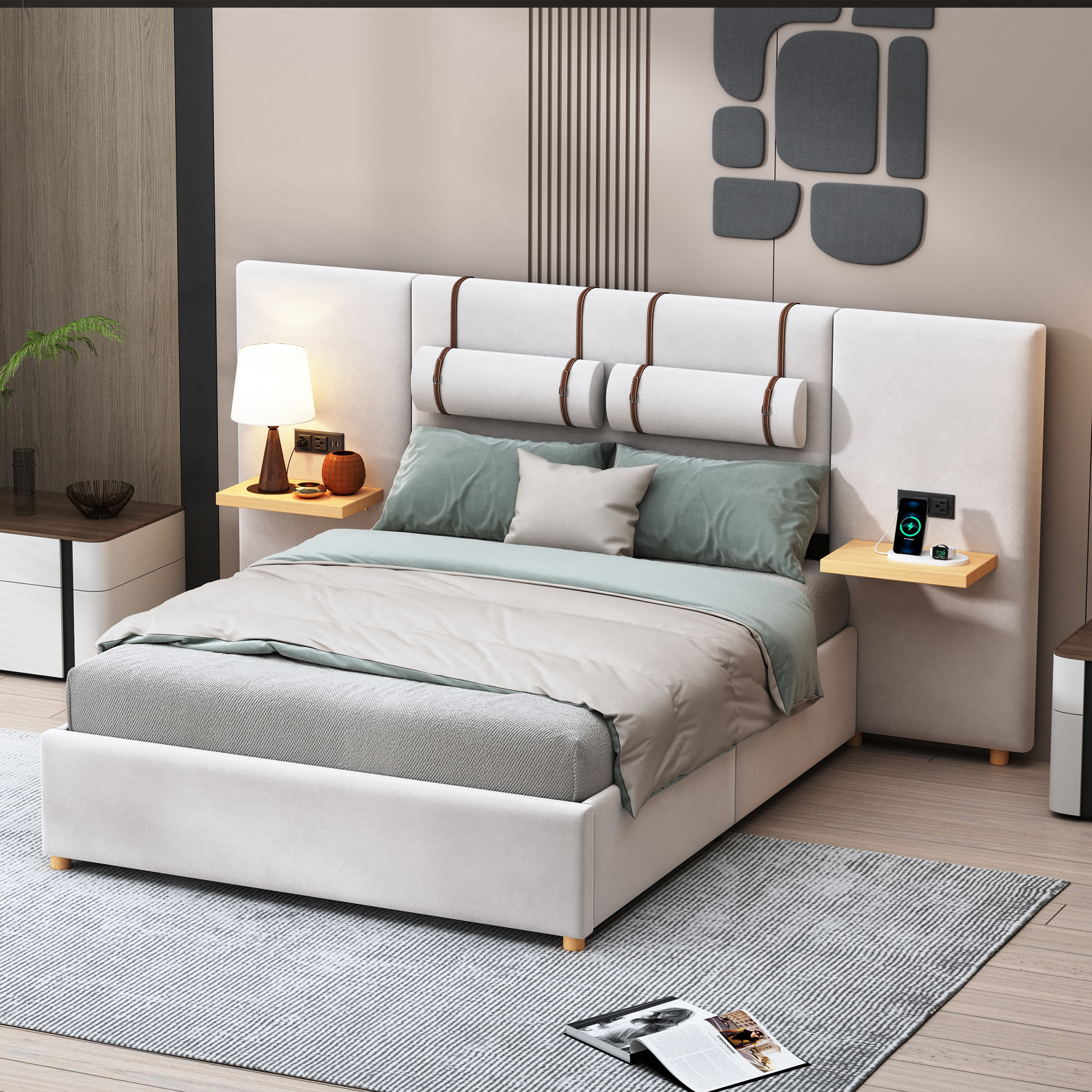 Full Size Upholstered Platform Bed, Two Outlets and USB Charging Ports on Both Sides, Two Bedside Pillows, Storage Shelves