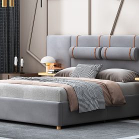 Queen Size Upholstered Platform Bed, Two Outlets and USB Charging Ports on Both Sides, Two Bedside Pillows, Storage Shelves
