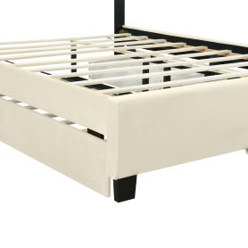 Queen Size Upholstered Platform Bed with 2 Drawers and 1 Double Trundle, Classic Metal Strip Headboard Design