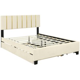 Queen Size Upholstered Platform Bed with 2 Drawers and 1 Double Trundle, Classic Metal Strip Headboard Design