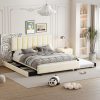 Queen Size Upholstered Platform Bed with 2 Drawers and 1 Double Trundle, Classic Metal Strip Headboard Design