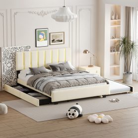 Queen Size Upholstered Platform Bed with 2 Drawers and 1 Double Trundle, Classic Metal Strip Headboard Design