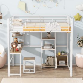 Full Size Metal Loft Bed With Open-style Wardrobe, Shelves And Cabinet