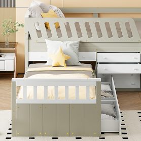 Space-Saving Twin Loft and Twin Platform Bed with 7 Drawers and Full Guardrails