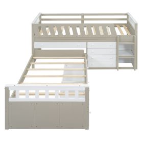 Space-Saving Twin Loft and Twin Platform Bed with 7 Drawers and Full Guardrails