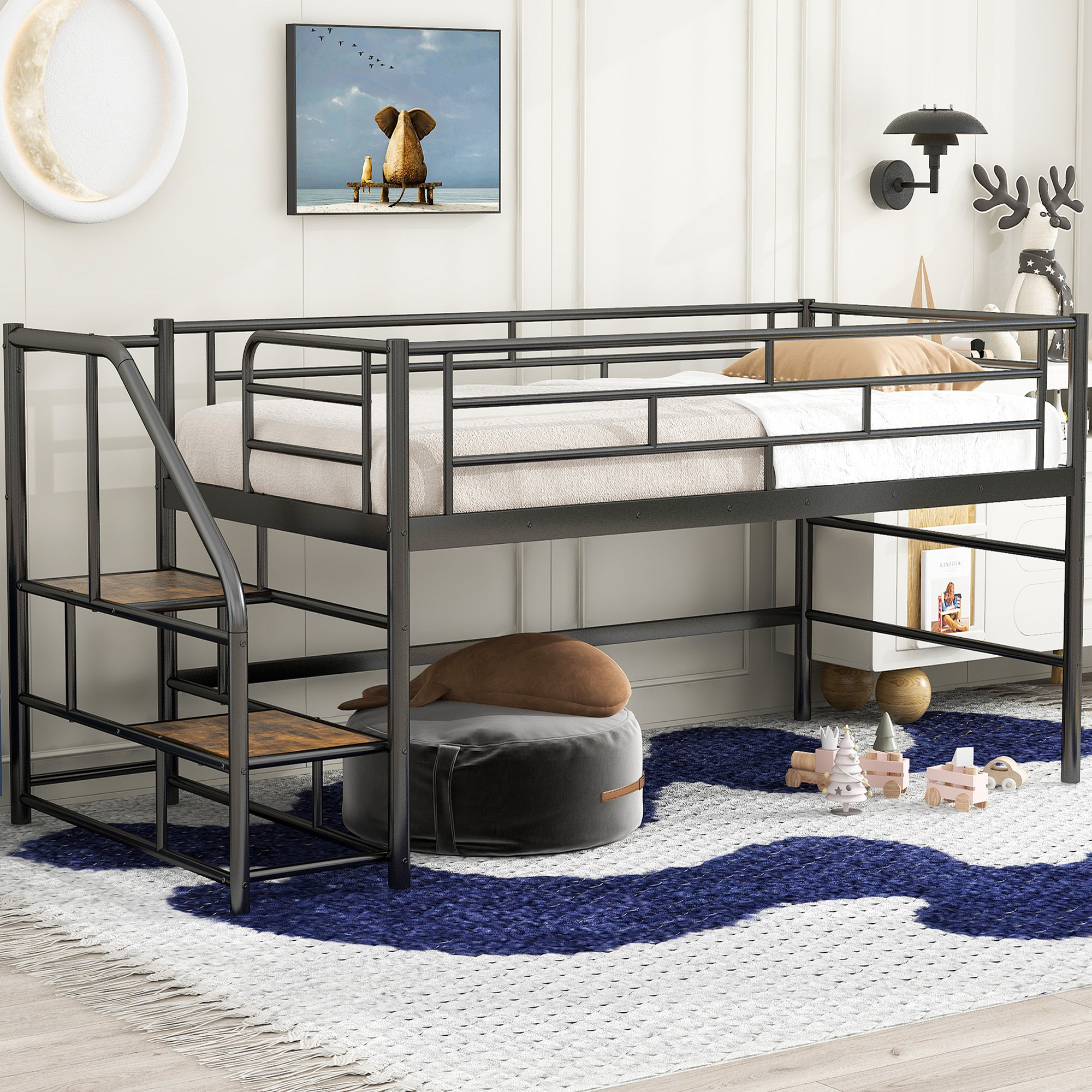 Mid Loft Bed With Storage Stairs, Twin Size