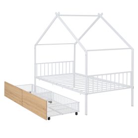 Twin Size Metal House Bed With Two Drawers