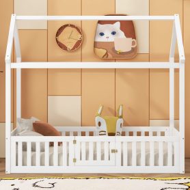 Twin Size Wood House Bed with Fence and Door