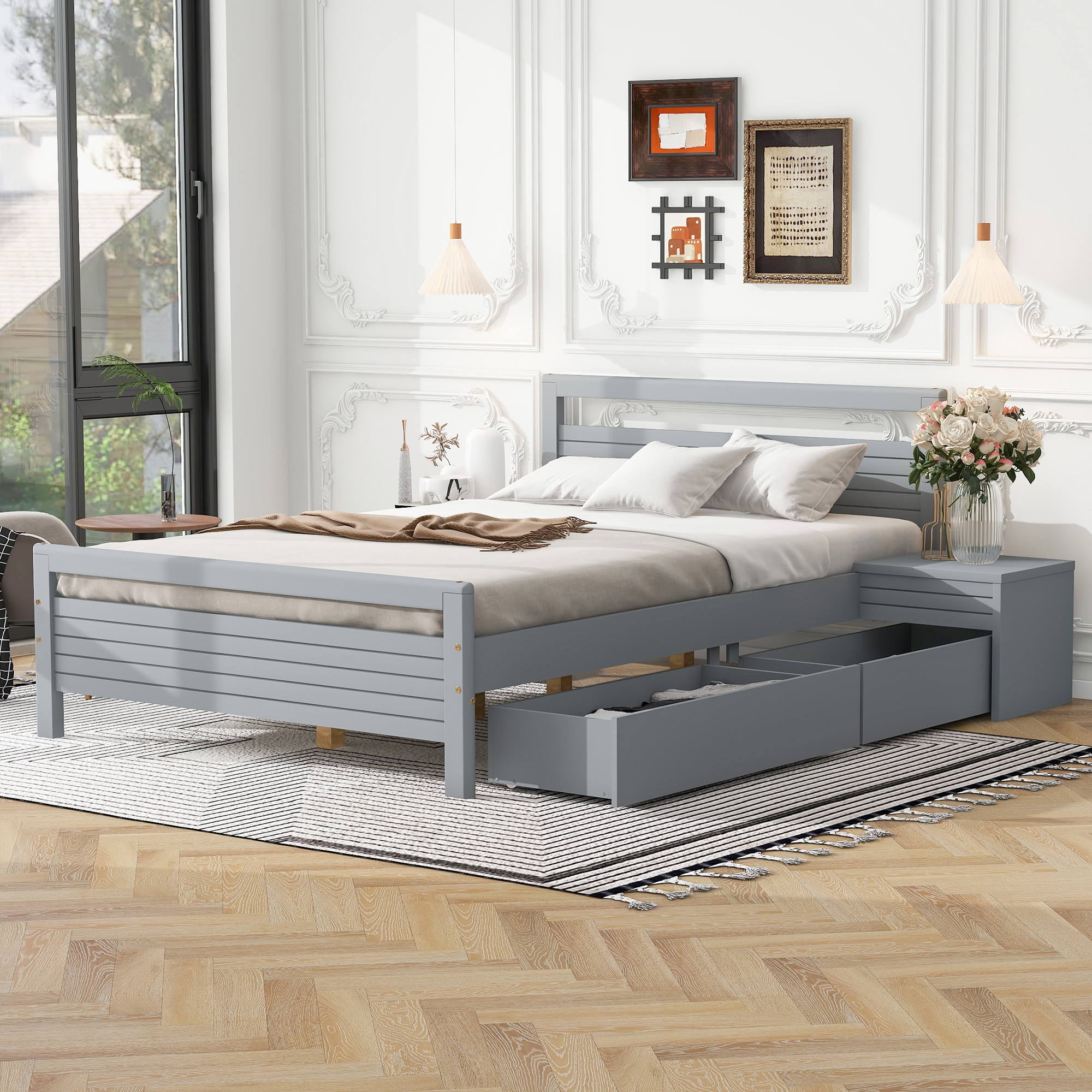 Twin Size Wooden Platform Bed With 2 Storage Drawers And 2 Bedside Tables