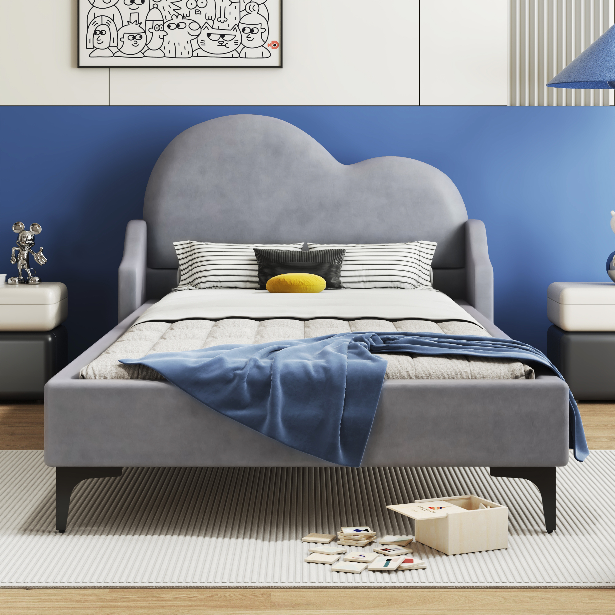 Twin Size Upholstered Platform Bed With Cloud-shaped Headboard