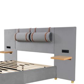 Full Size Upholstered Platform Bed, Two Outlets and USB Charging Ports on Both Sides, Two Bedside Pillows, Storage Shelves