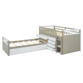 Space-Saving Twin Loft and Twin Platform Bed with 7 Drawers and Full Guardrails