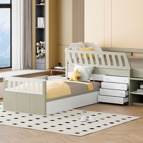 Space-Saving Twin Loft and Twin Platform Bed with 7 Drawers and Full Guardrails
