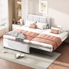 Full Size Upholstery Platform Bed With Trundle, Trundle Can Be Flat Or Erected 26 Full Size Upholstery Platform Bed With Trundle, Trundle Can Be Flat Or Erected