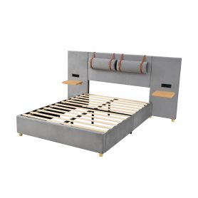 Full Size Upholstered Platform Bed, Two Outlets and USB Charging Ports on Both Sides, Two Bedside Pillows, Storage Shelves