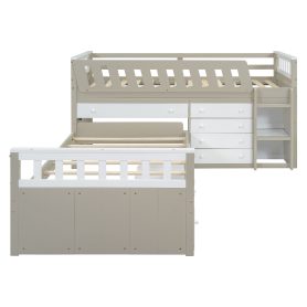 Space-Saving Twin Loft and Twin Platform Bed with 7 Drawers and Full Guardrails
