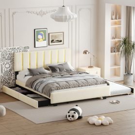 Queen Size Upholstered Platform Bed with 2 Drawers and 1 Double Trundle, Classic Metal Strip Headboard Design