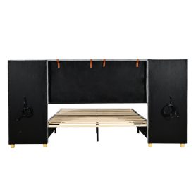Full Size Upholstered Platform Bed, Two Outlets and USB Charging Ports on Both Sides, Two Bedside Pillows, Storage Shelves