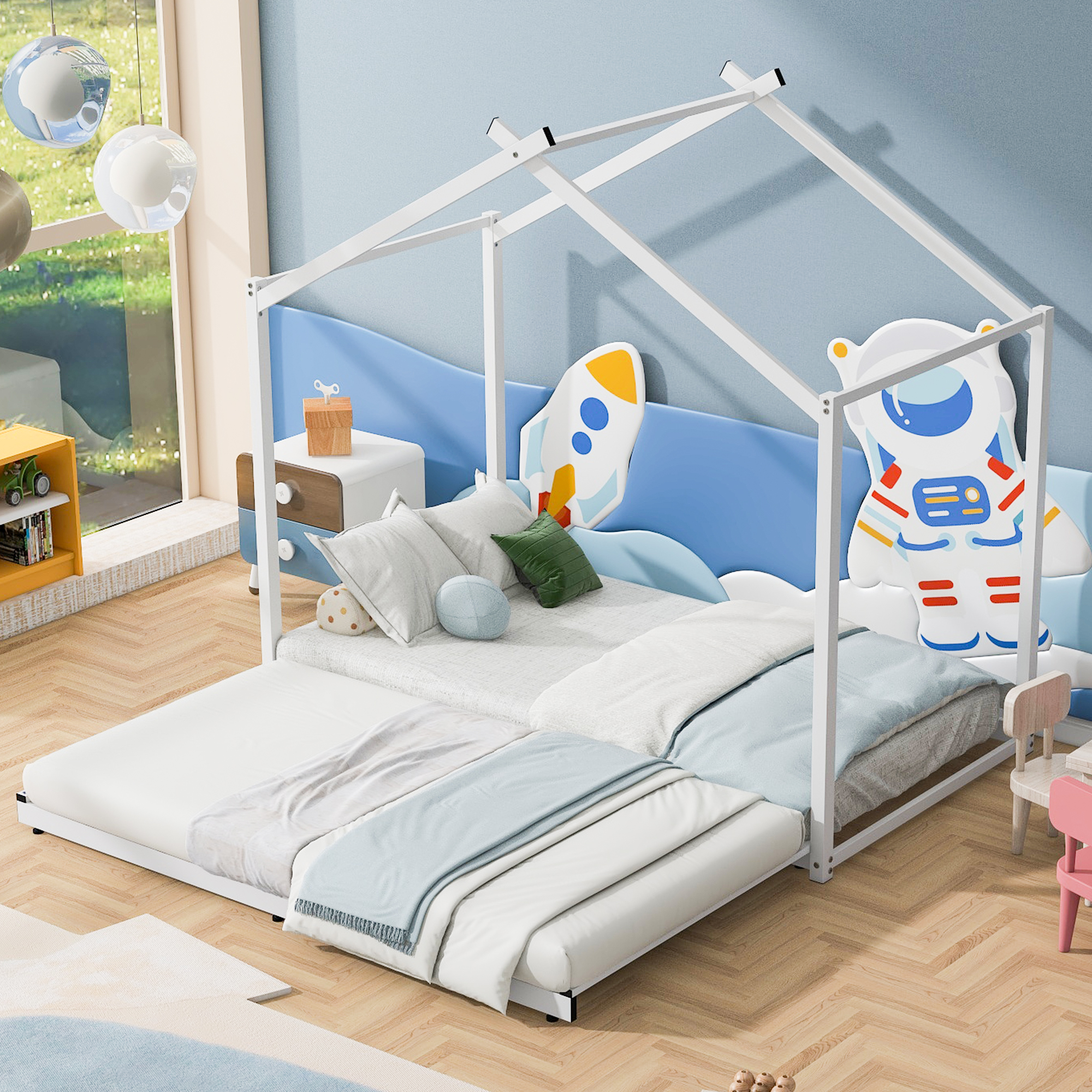 Metal Twin Size House Platform Bed with Trundle