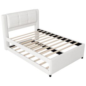 Full Size Upholstery Platform Bed With Trundle, Trundle Can Be Flat Or Erected 35 Full Size Upholstery Platform Bed With Trundle, Trundle Can Be Flat Or Erected