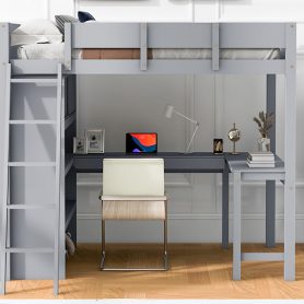 Full Size Loft Bed with Ladder, Desk and Shelf