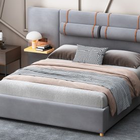 Queen Size Upholstered Platform Bed, Two Outlets and USB Charging Ports on Both Sides, Two Bedside Pillows, Storage Shelves