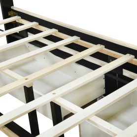 Queen Size Upholstered Platform Bed with 2 Drawers and 1 Double Trundle, Classic Metal Strip Headboard Design