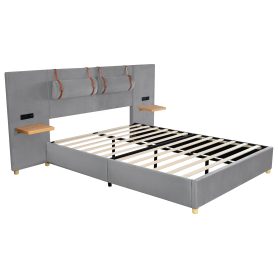Queen Size Upholstered Platform Bed, Two Outlets and USB Charging Ports on Both Sides, Two Bedside Pillows, Storage Shelves