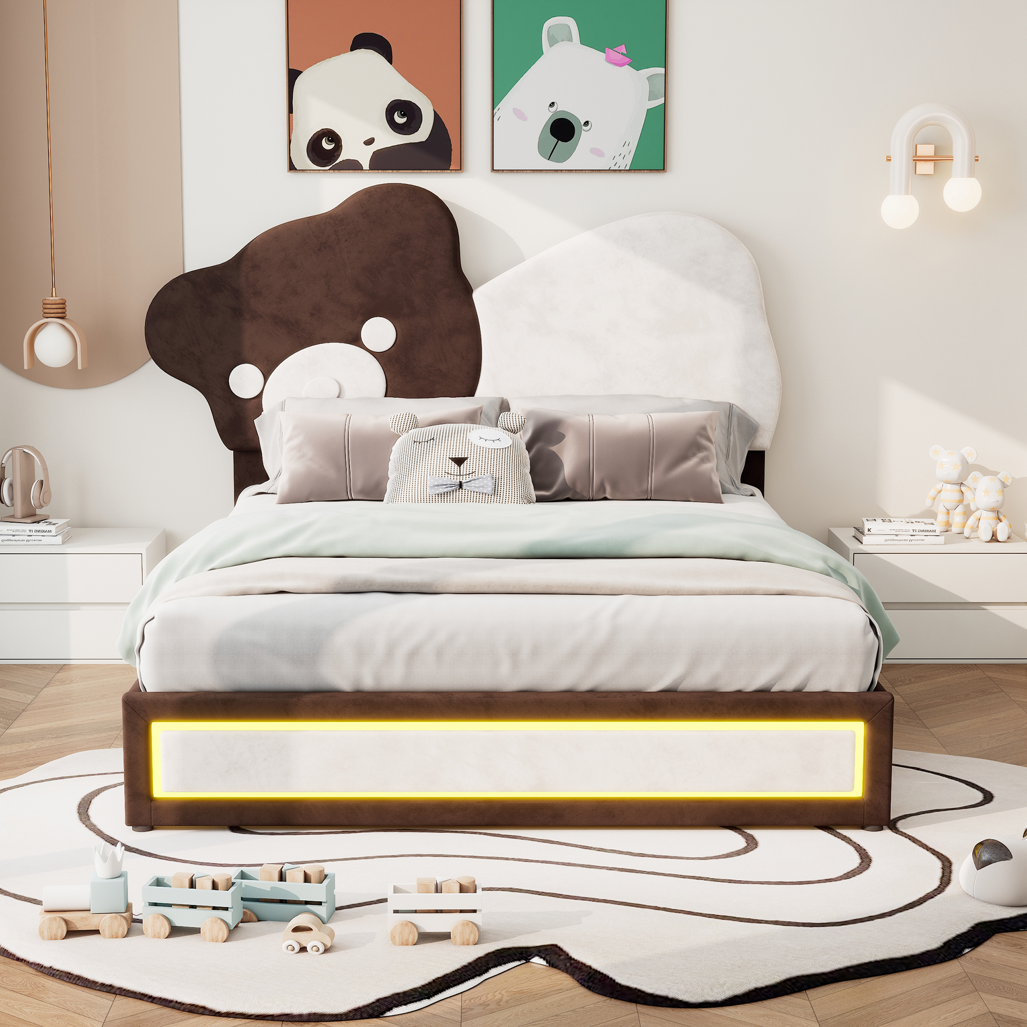 Full Size Upholstered Platform Bed with Bear Shaped Headboard, LED Light Strips