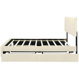 Queen Size Upholstered Platform Bed with 2 Drawers and 1 Double Trundle, Classic Metal Strip Headboard Design