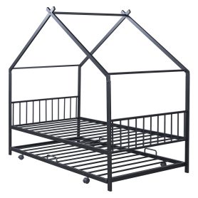 Twin Size Metal House Bed with Twin Size Trundle