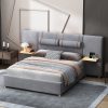 Queen Size Upholstered Platform Bed, Two Outlets and USB Charging Ports on Both Sides, Two Bedside Pillows, Storage Shelves