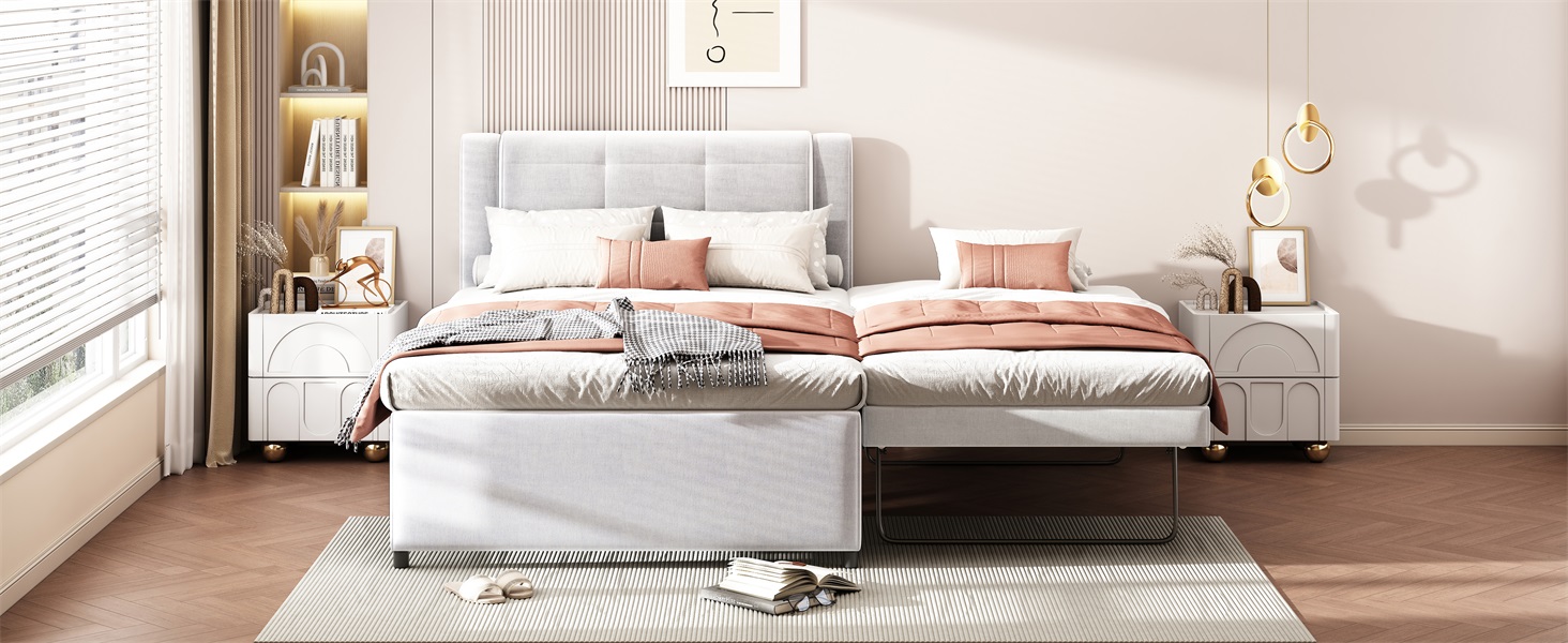 Full Size Upholstery Platform Bed With Trundle, Trundle Can Be Flat Or Erected 10 Full Size Upholstery Platform Bed With Trundle, Trundle Can Be Flat Or Erected