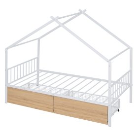 Twin Size Metal House Bed With Two Drawers