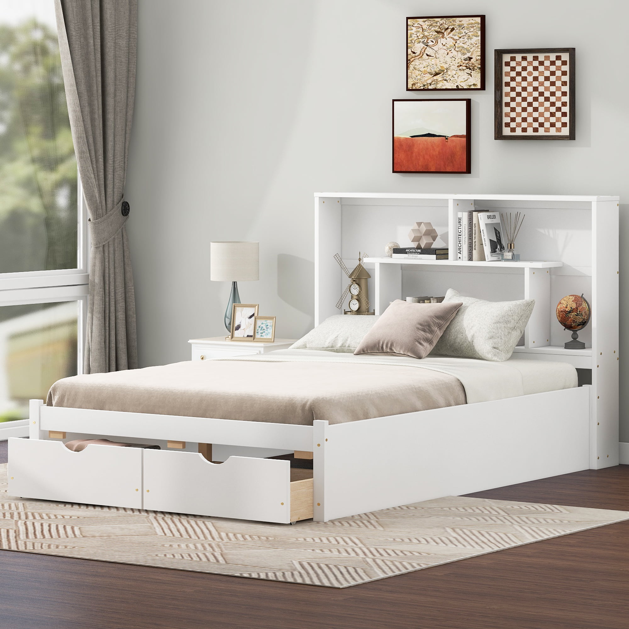 Full Size Platform Bed with Storage Headboard and 2 Drawers
