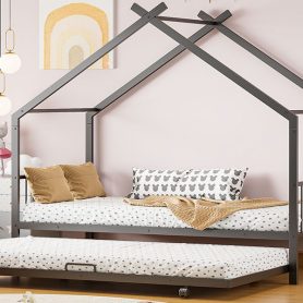 Twin Size Metal House Bed with Twin Size Trundle