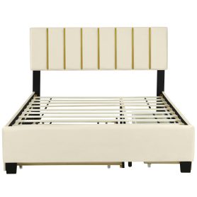 Queen Size Upholstered Platform Bed with 2 Drawers and 1 Double Trundle, Classic Metal Strip Headboard Design
