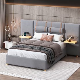 Full Size Upholstered Platform Bed, Two Outlets and USB Charging Ports on Both Sides, Two Bedside Pillows, Storage Shelves