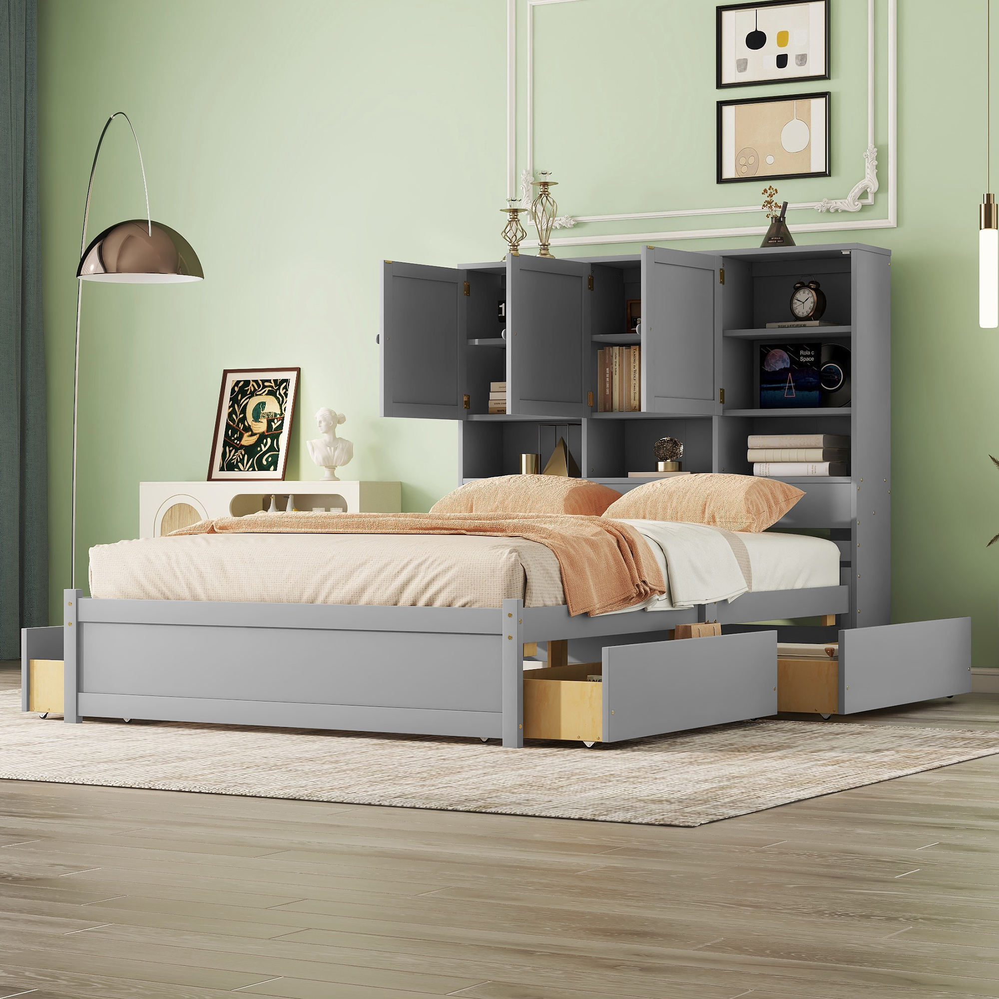 Queen Size Platform Bed With Storage Headboard And 4 Drawers