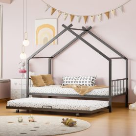 Twin Size Metal House Bed with Twin Size Trundle