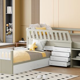 Space-Saving Twin Loft and Twin Platform Bed with 7 Drawers and Full Guardrails