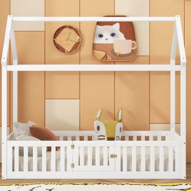 Twin Size Wood House Bed with Fence and Door