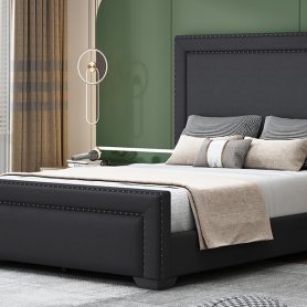 Queen Size Upholstered Bed With Wooden Slats Support