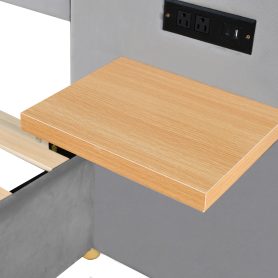Full Size Upholstered Platform Bed, Two Outlets and USB Charging Ports on Both Sides, Two Bedside Pillows, Storage Shelves