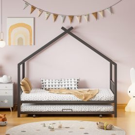 Twin Size Metal House Bed with Twin Size Trundle