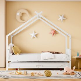 Full Size Metal House Bed With Twin Size Trundle