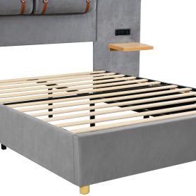 Full Size Upholstered Platform Bed, Two Outlets and USB Charging Ports on Both Sides, Two Bedside Pillows, Storage Shelves