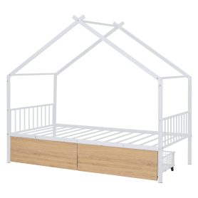 Twin Size Metal House Bed With Two Drawers