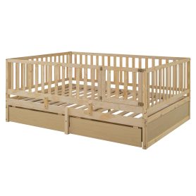 Full Size Wood Daybed with Fence Guardrails and 2 Drawers, Split into Independent Floor Bed & Daybed